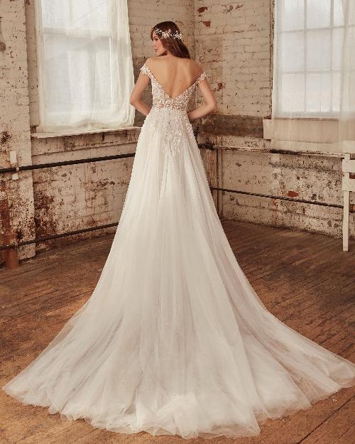 La21224 off the shoulder lace and tulle wedding dress with a line silhouette1